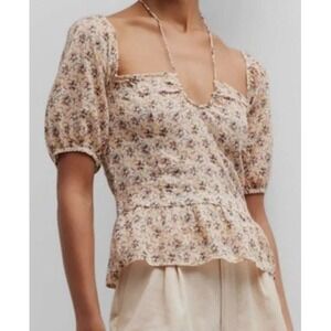 Paige Azul Top Womens XS Sunkissed Multi Floral Puff‎ Sleeve Smocked Halter Neck